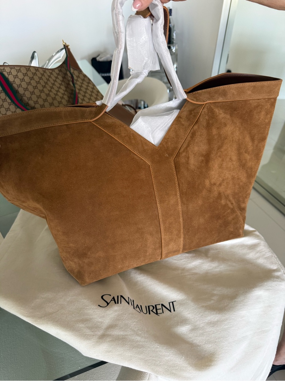 Saint Laurent Suede Tote in Caramel Brown